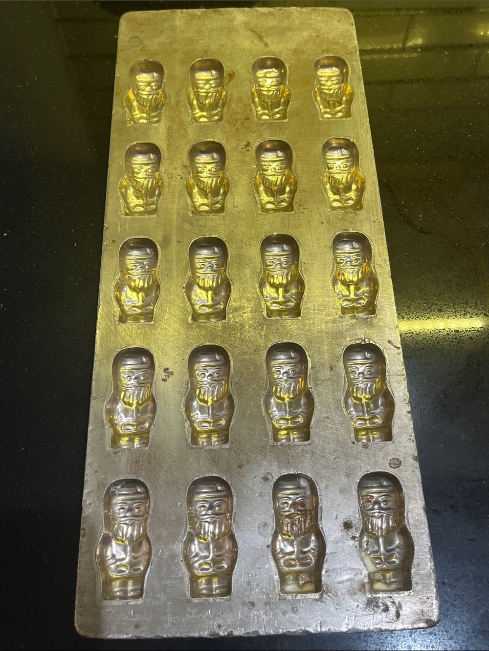 Vintage Metal chocolate Mold with Santa Figures - steel with tinned Santa molds.